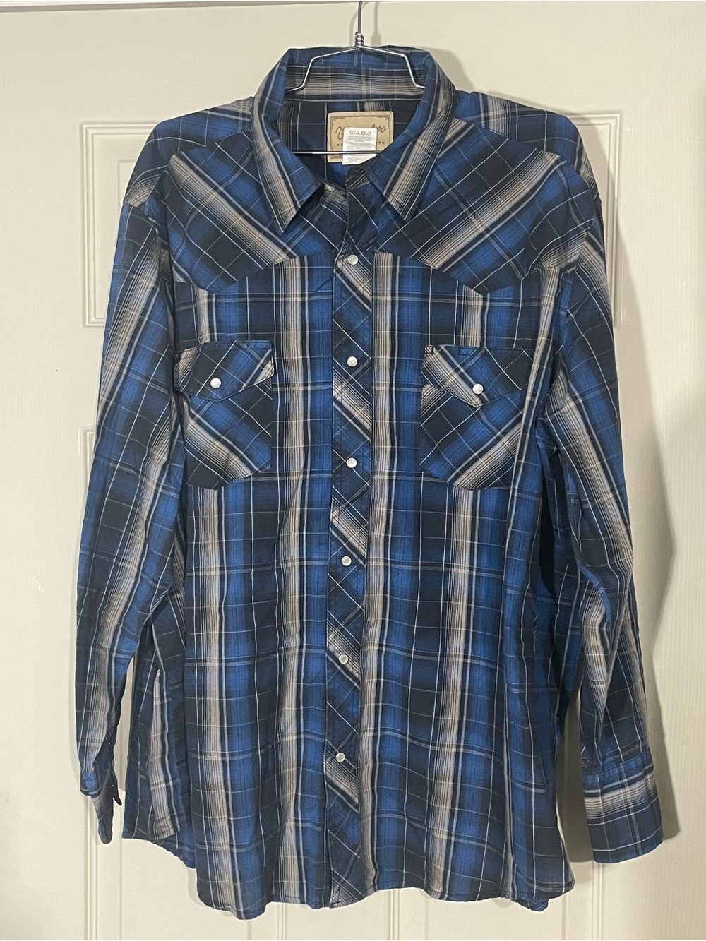 Wrangler Blue Plaid Western Shirt with Tan Label